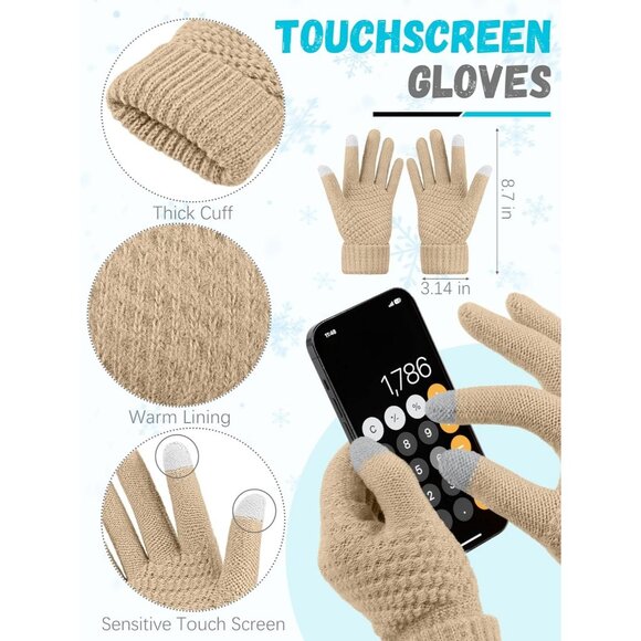 Women Khaki Knit Beanie Hat, Gloves, Scarf & Ear Warmer Set - Wintervvvvvvv - Picture 3 of 7